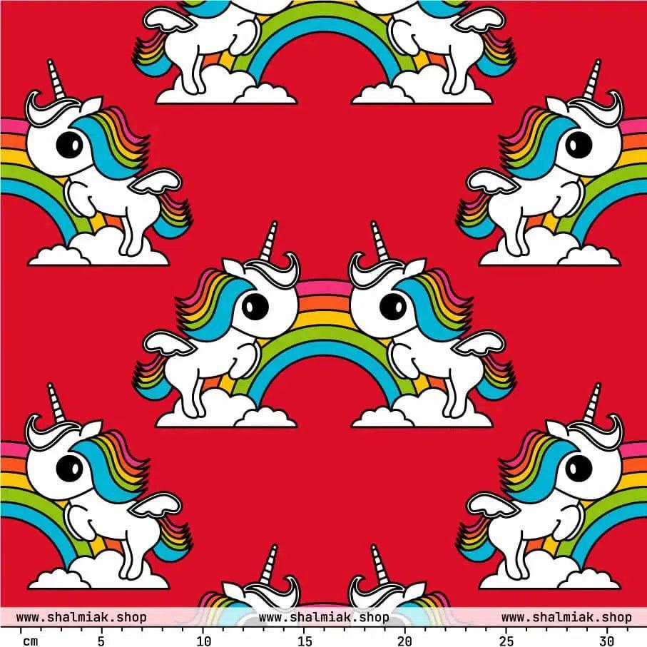 Fabric - UNIQUE red - Unicorns and rainbows print