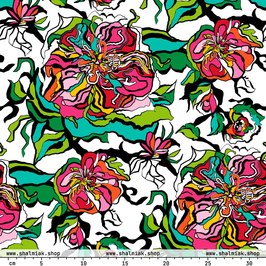 Fabric - BLOOM RIOT white - Edgy floral print