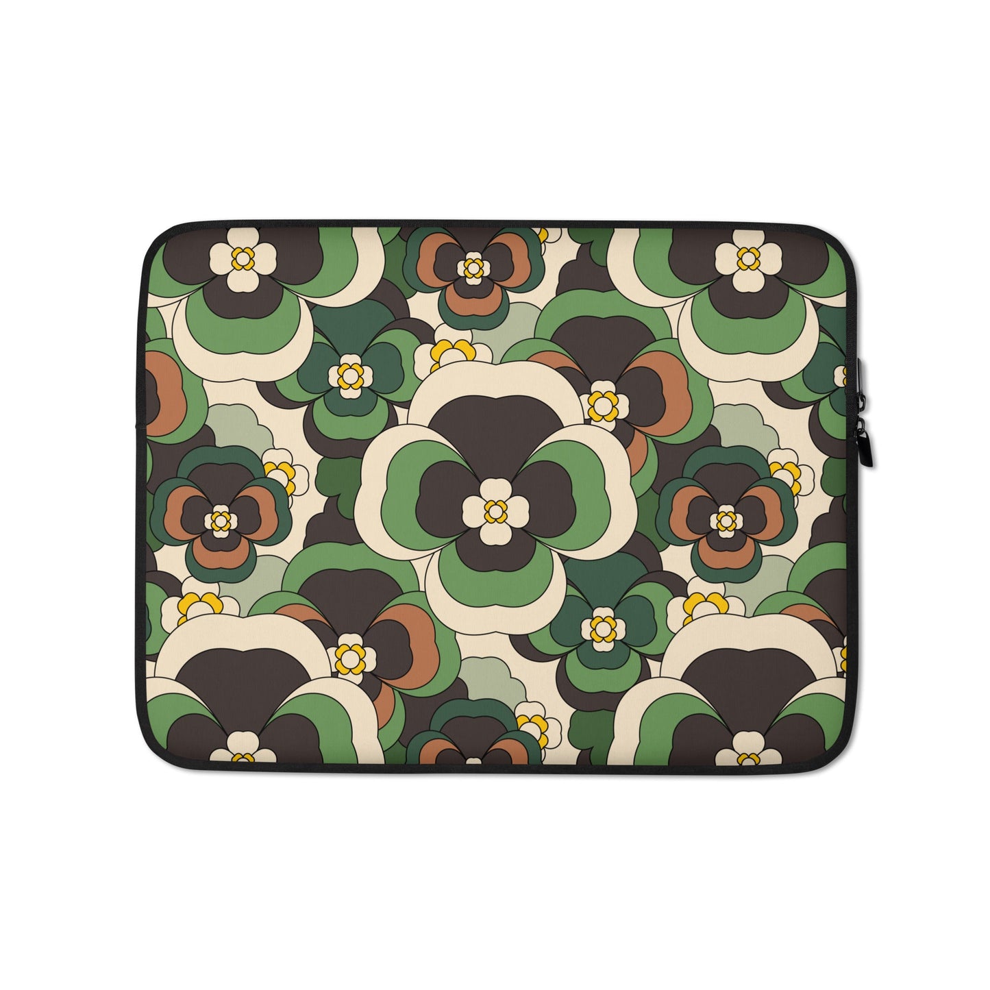 Laptop sleeve - PANSY FANTASY green - Retro pansy print 13″