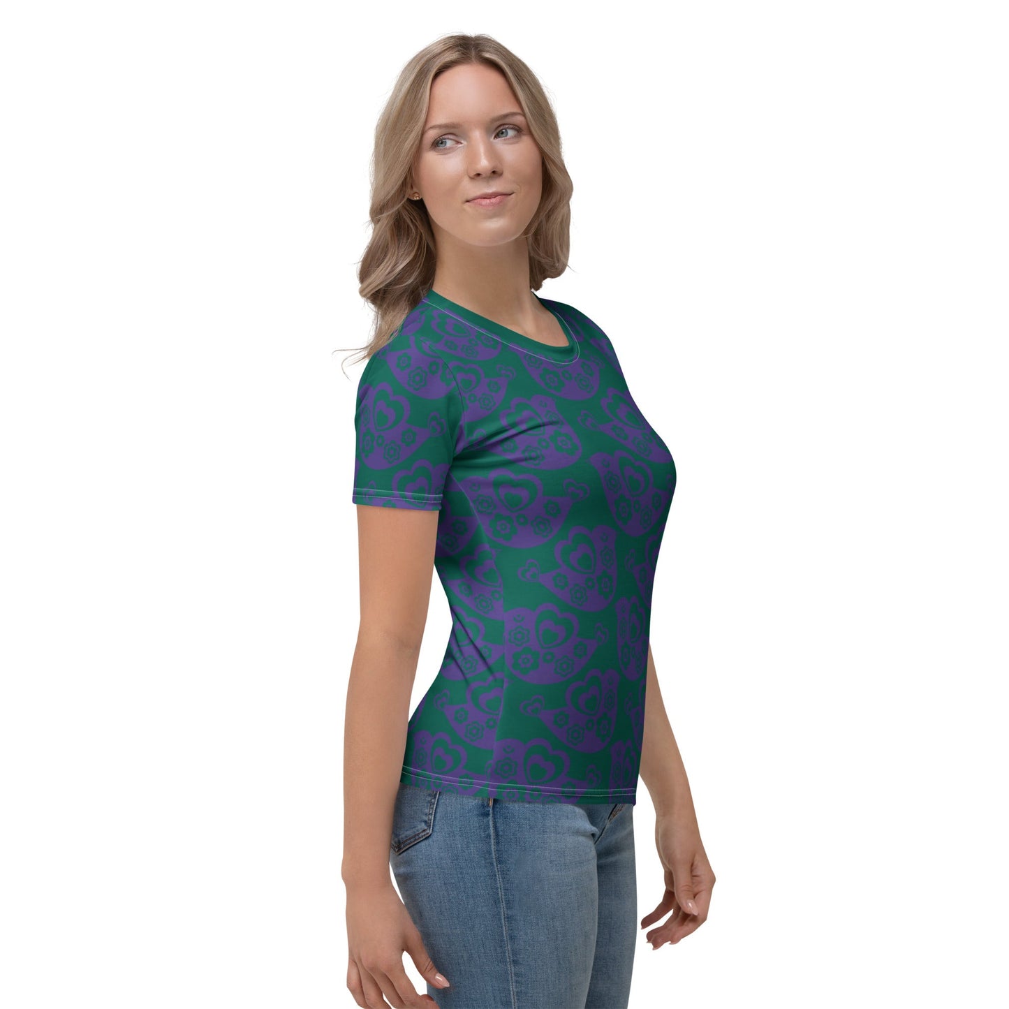 Woman's T-shirt - TWEET LOVE green purple - Birds and hearts print