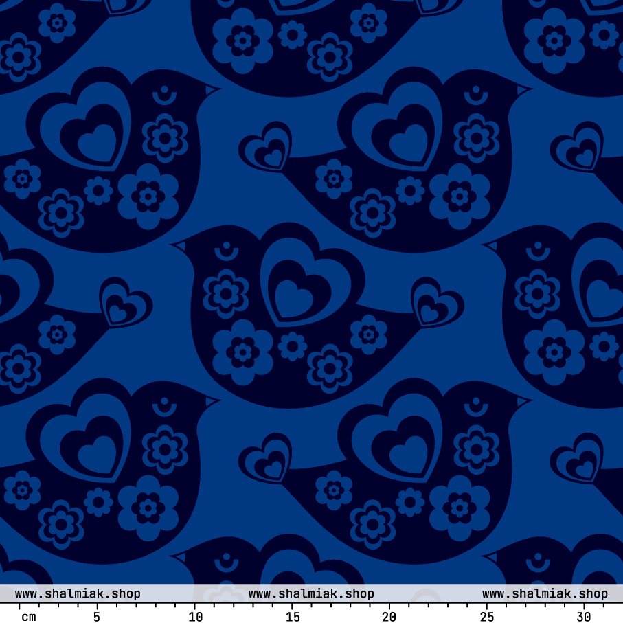 Fabric - TWEET LOVE dark blue - Birds and hearts print