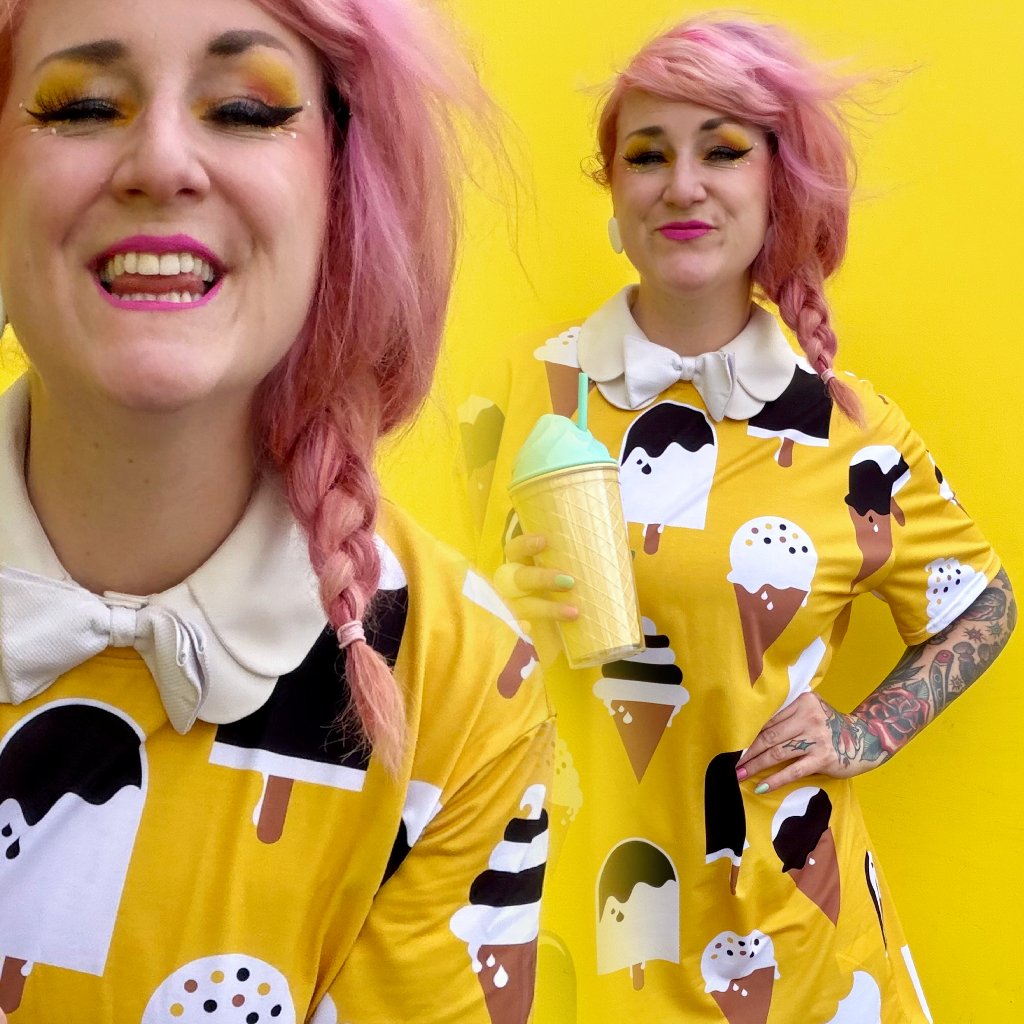 Woman wearing a colorful ice cream print dress.