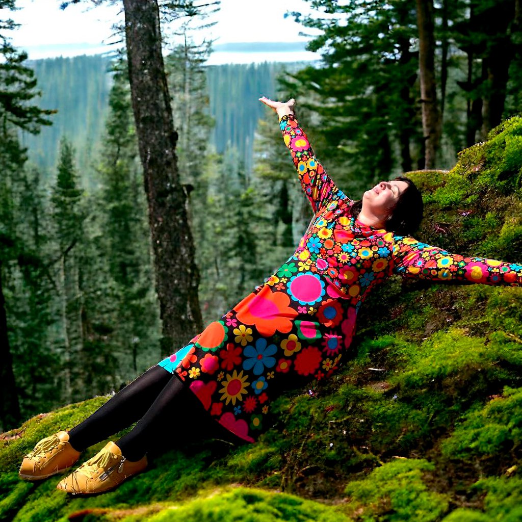 Woman in a colorful floral dress enjoying a peaceful moment in the nature.