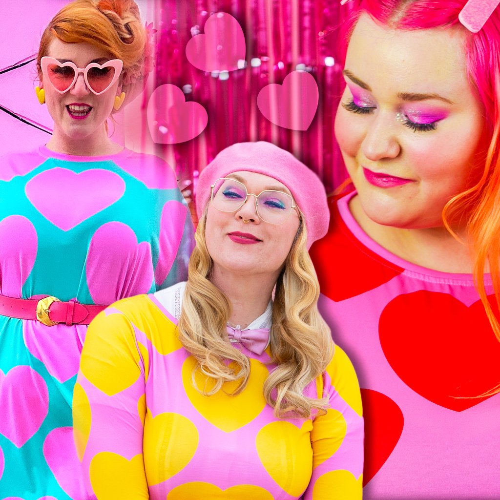 3 beautiful women wearing dresses with hearts designed by SHALMIAK.