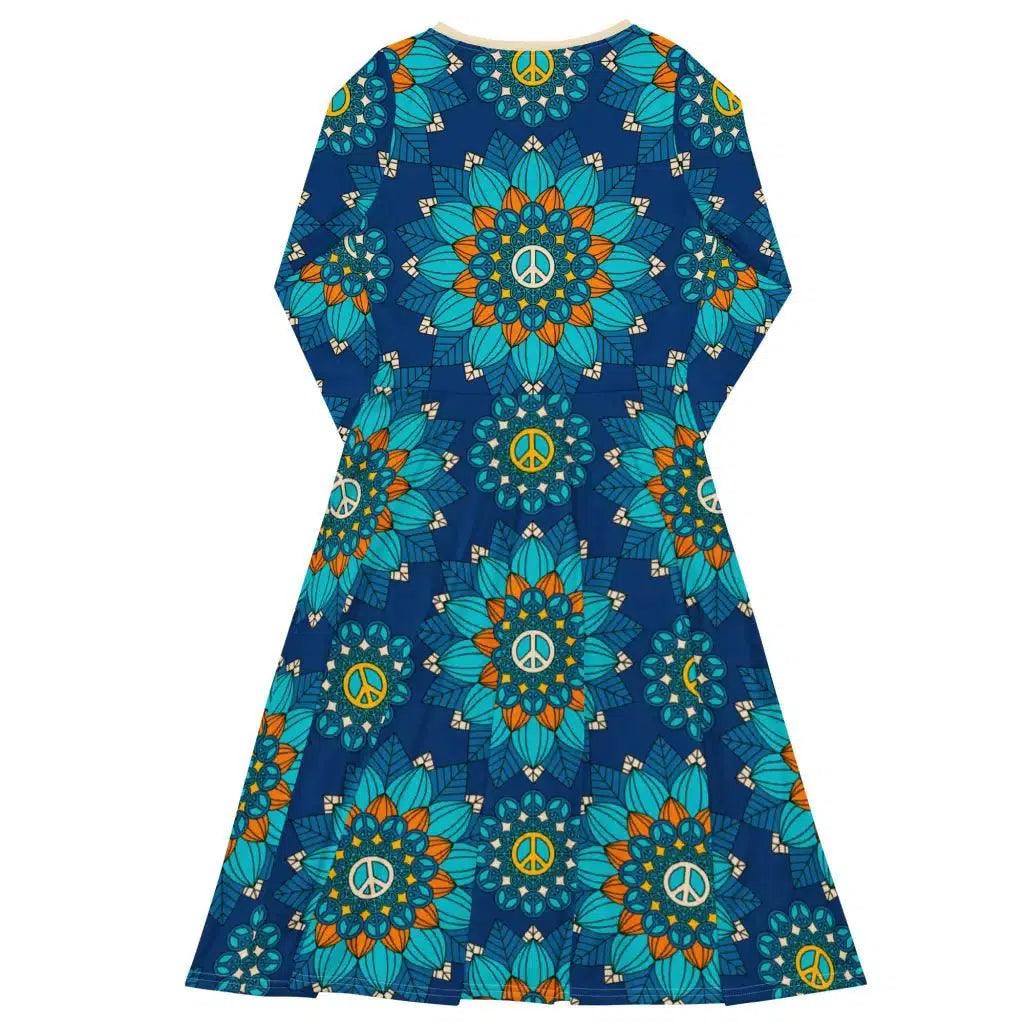 BLOOM WITH PEACE orange blue - Midi dress with long sleeves and pockets - SHALMIAK