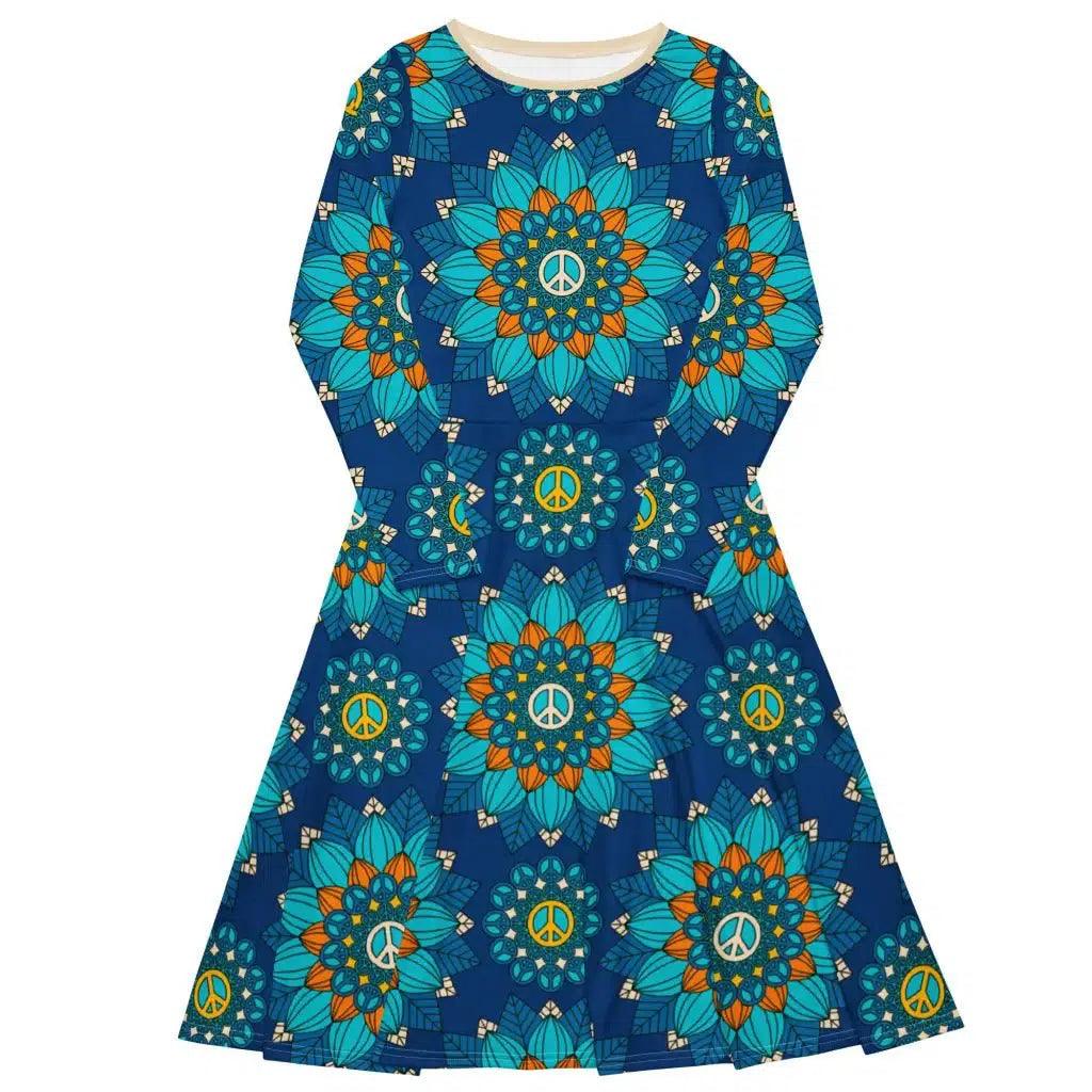 BLOOM WITH PEACE orange blue - Midi dress with long sleeves and pockets - SHALMIAK