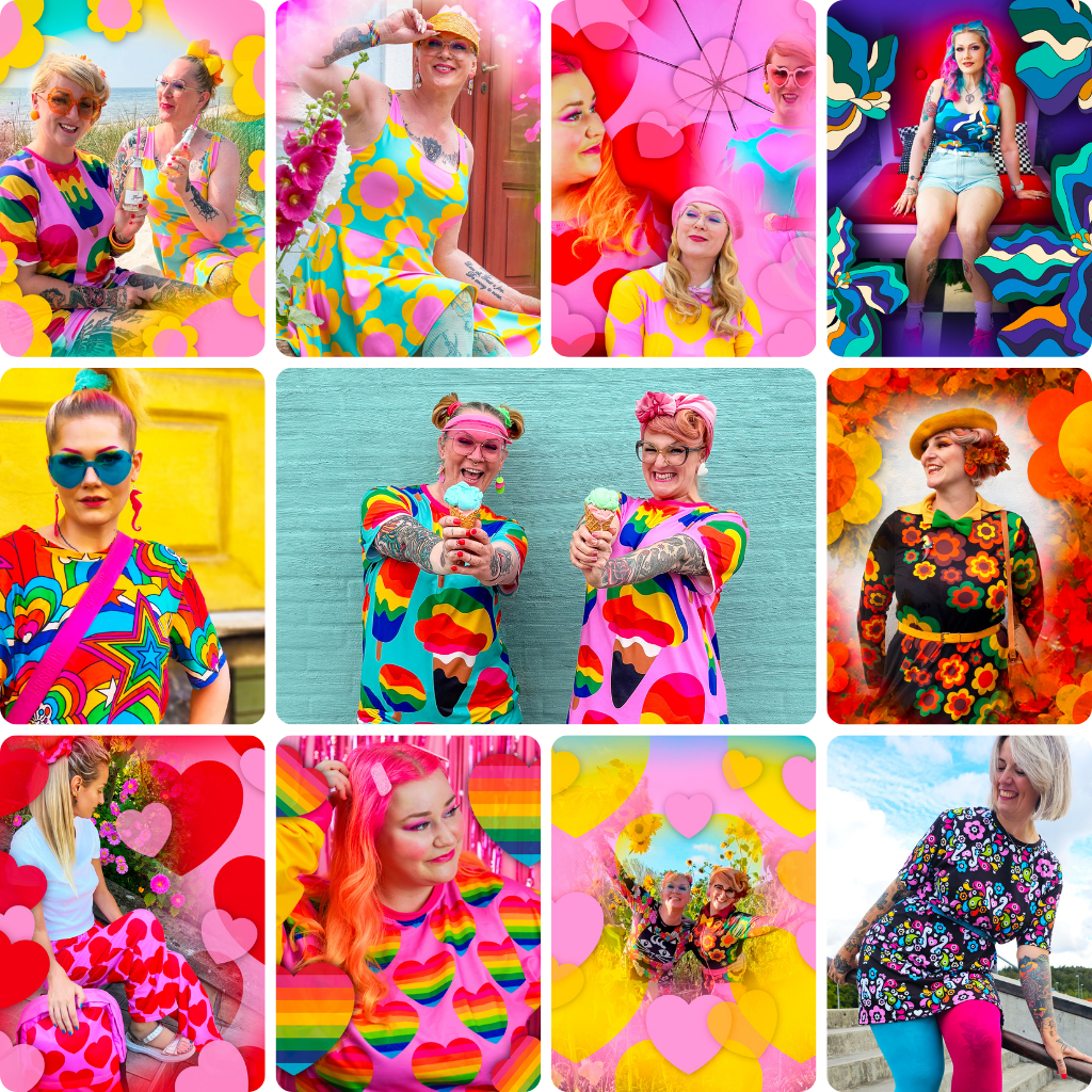 Photo collage of SHALMIAK's colorful fashion.