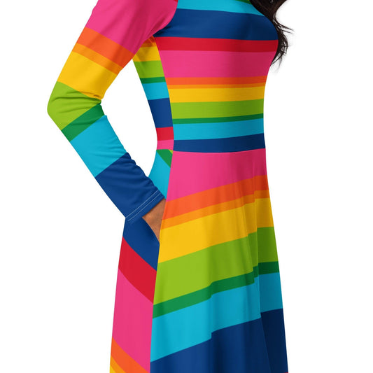 ELLIE rainbow stripe - Midi dress with long sleeves and pockets - SHALMIAK