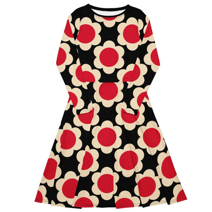 ELLIE red black - Midi dress with long sleeves and pockets - SHALMIAK