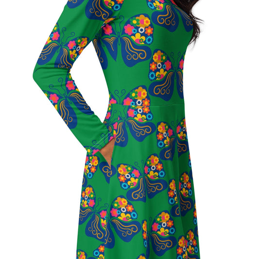 FAB FLOVERYFLY green - Midi dress with long sleeves and pockets - SHALMIAK