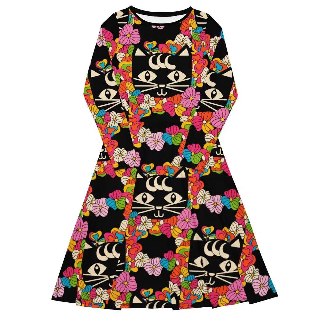 MAGICAT black - Midi dress with long sleeves and pockets with black cats - SHALMIAK