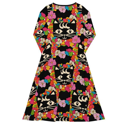 MAGICAT black - Midi dress with long sleeves and pockets with black cats - SHALMIAK