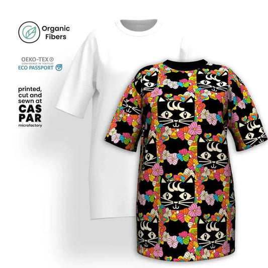 MAGICAT black - T-shirt dress (organic cotton) with black cats - SHALMIAK