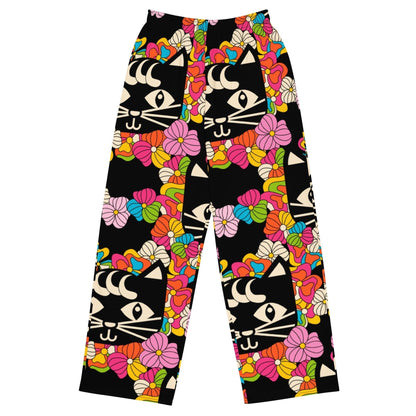 MAGICAT black - Unisex wide-leg pants with black cats - SHALMIAK