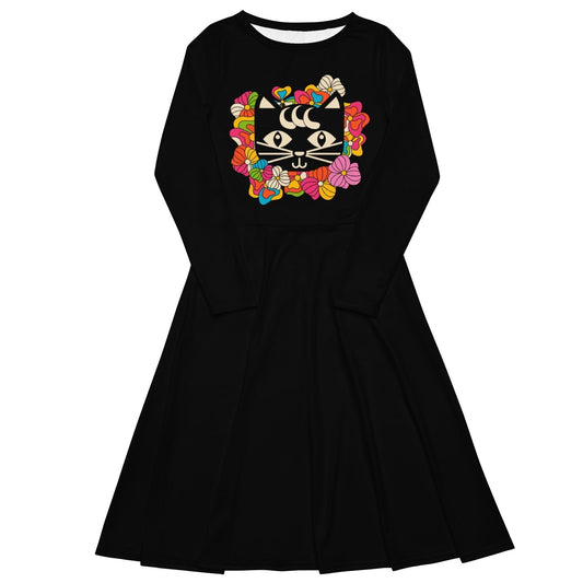 MAGICAT black - just cat - Midi dress with long sleeves and pockets - SHALMIAK