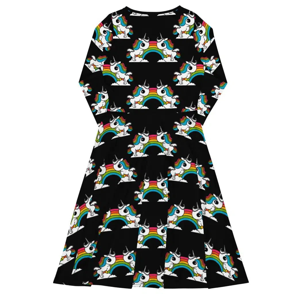 UNIQUE black - Midi dress with long sleeves and pockets with unicorns and rainbows - SHALMIAK