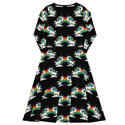 UNIQUE black - Midi dress with long sleeves and pockets with unicorns and rainbows - SHALMIAK