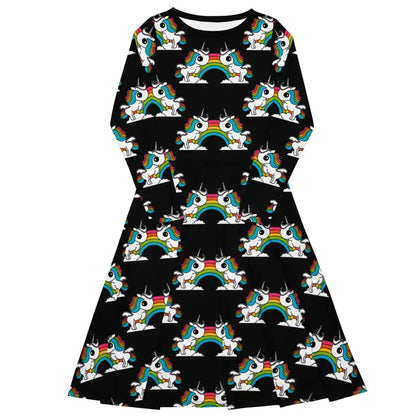 UNIQUE black - Midi dress with long sleeves and pockets with unicorns and rainbows - SHALMIAK