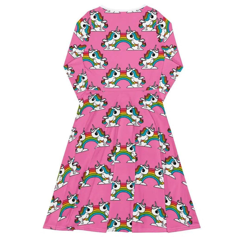 UNIQUE pink - Midi Dress With Pockets with unicorns and rainbows