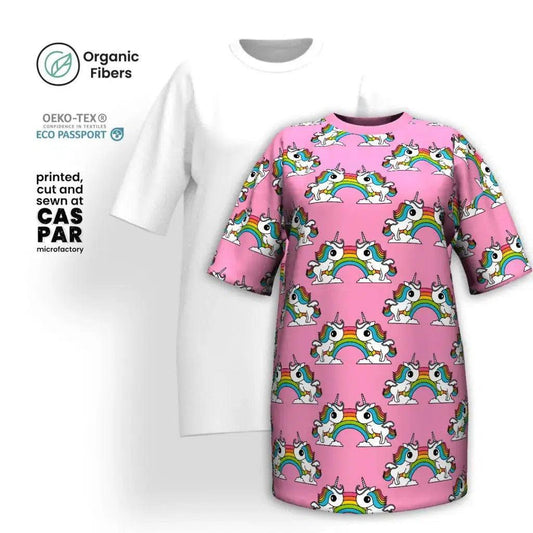 UNIQUE pink - T-shirt dress (organic cotton) with unicorns and rainbows - SHALMIAK