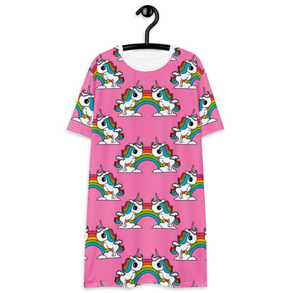 UNIQUE pink - T-shirt dress with unicorns and rainbows - SHALMIAK