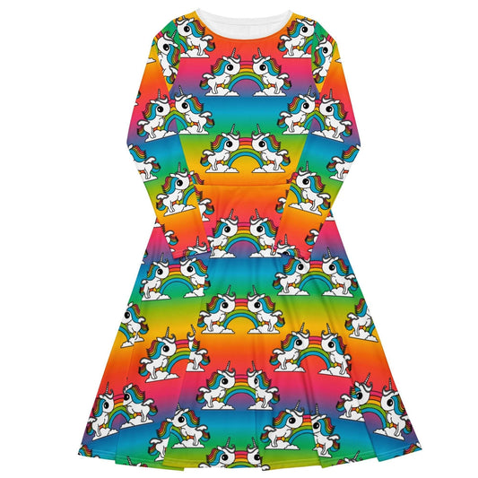 UNIQUE rainbow - Midi dress with long sleeves and pockets with unicorns and rainbows - SHALMIAK