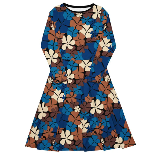 ADELIE blue brown - Midi dress with long sleeves and handy pockets