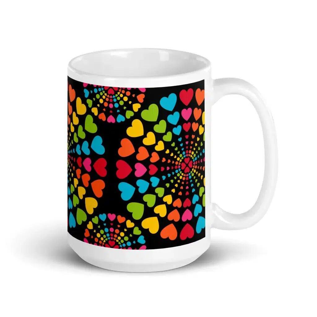 Mug - ALL HEARTS MATTER black - Colorful hearts and circles print 15oz