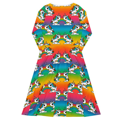 UNIQUE rainbow - Midi dress with long sleeves and handy pockets with unicorns and rainbows