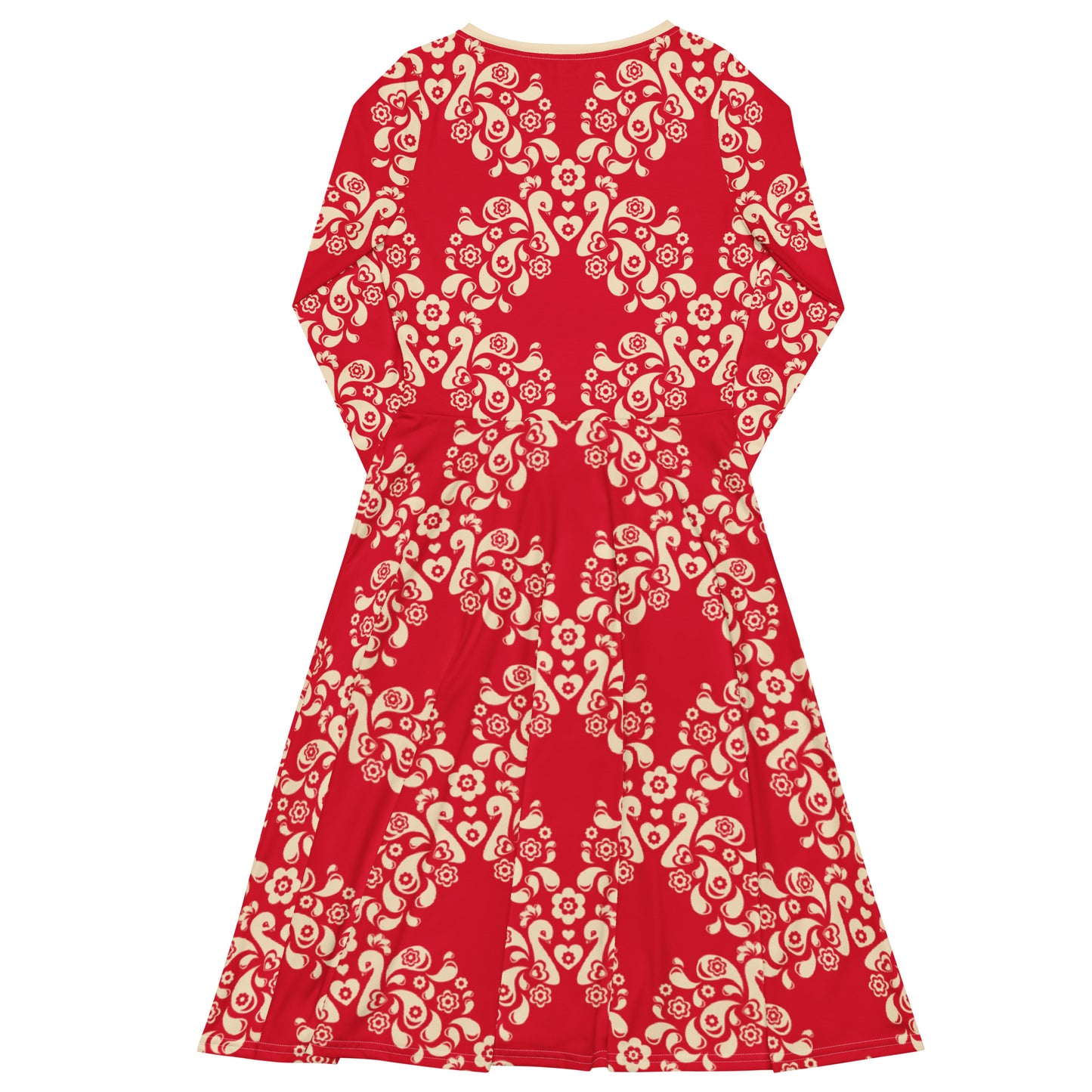 PEACOCK LOVE red - Midi dress with long sleeves and handy pockets