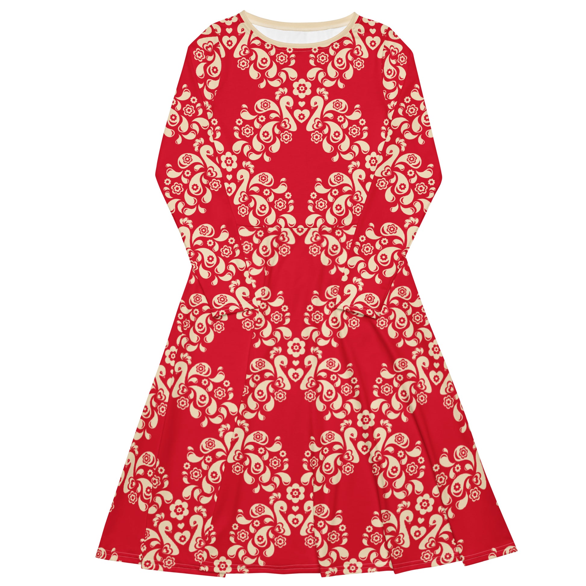 PEACOCK LOVE red - Midi dress with long sleeves and handy pockets