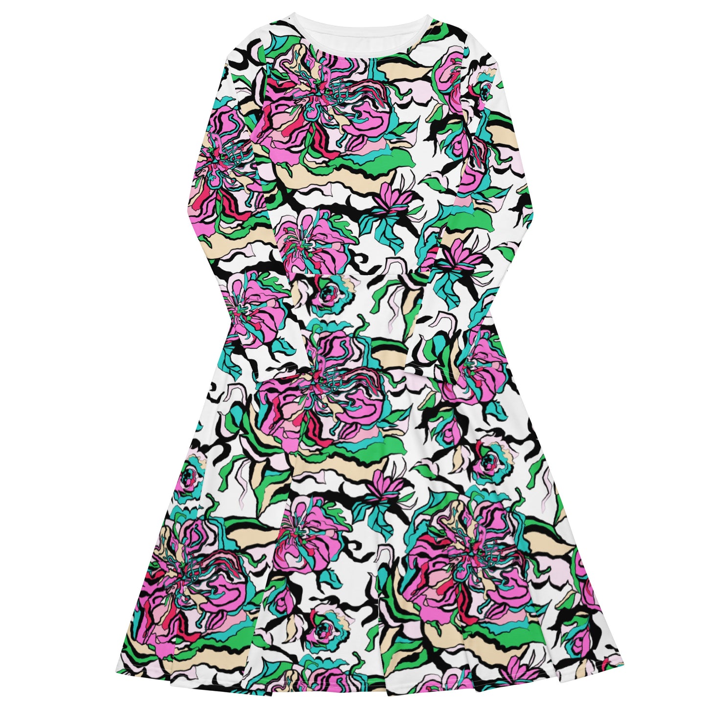Midi dress - BLOOM RIOT pink white - Edgy floral print 6XL
