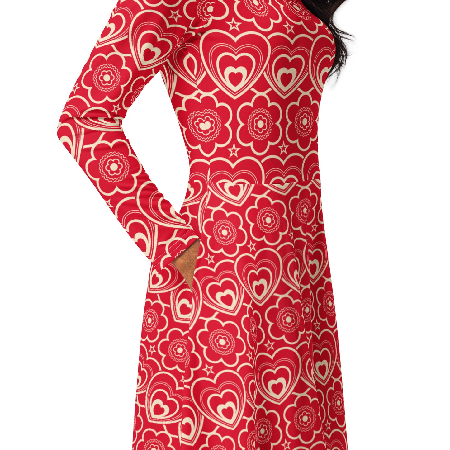 RAMONA red - Midi dress with long sleeves and handy pockets