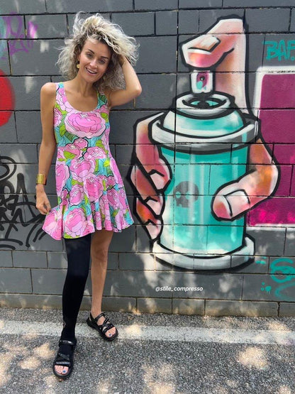 Skater Dress - BE MY ONLY pink turquoise - Bold Pink Peonies Print