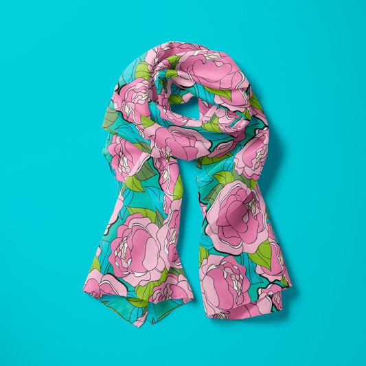 Scarf - BE MY ONLY pink turquoise - Bold pink peony print