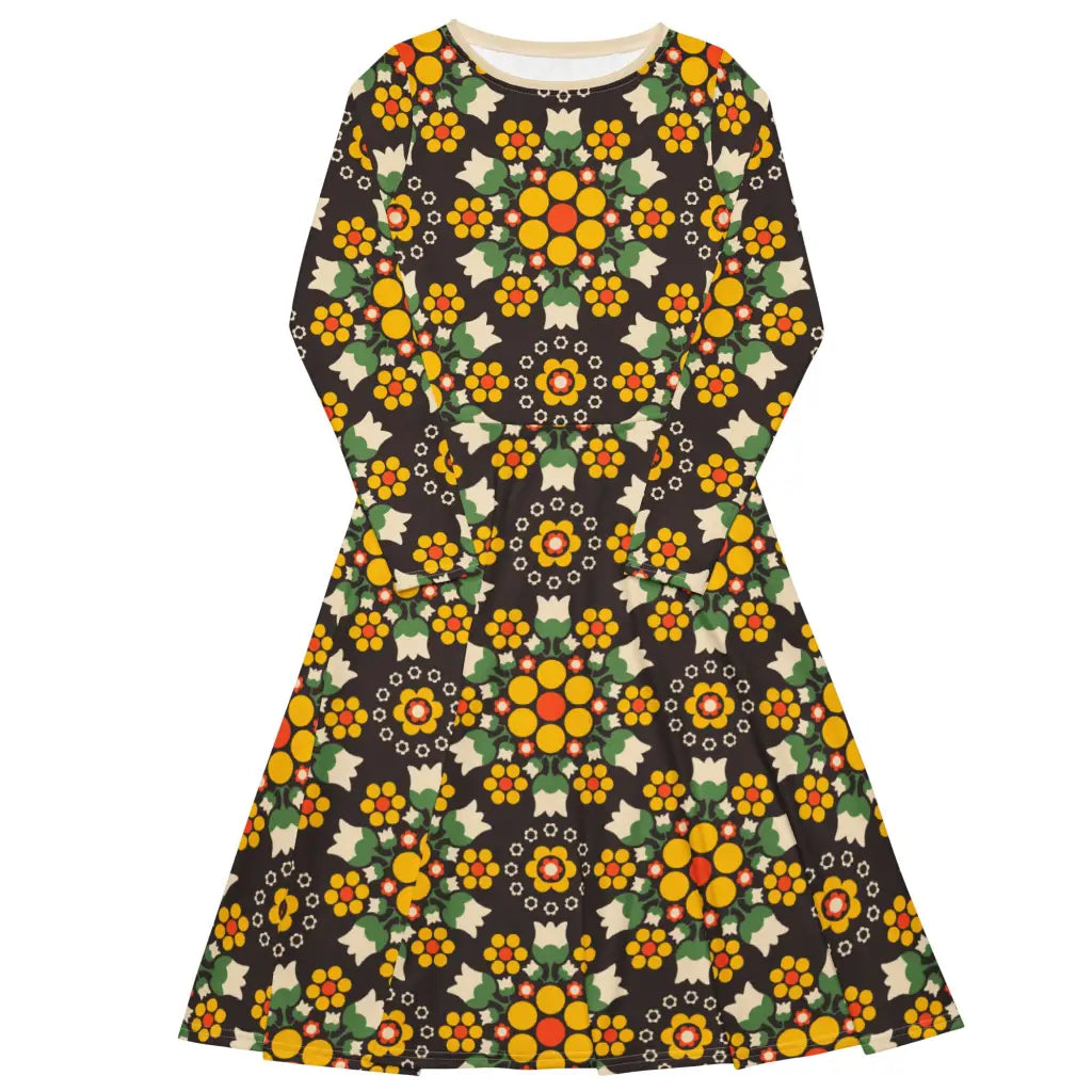 BERRY DANCE yellow brown - Midi dress with long sleeves and handy pockets