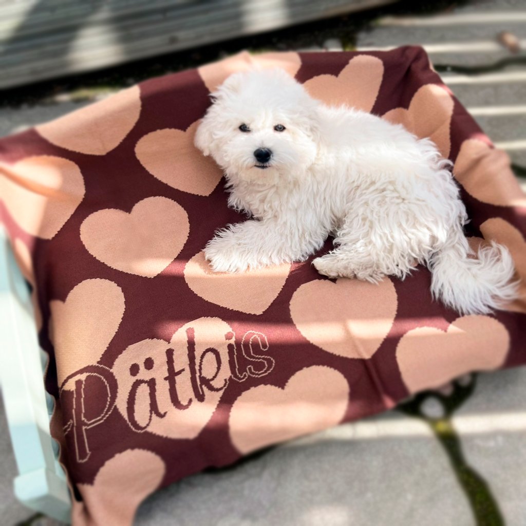 Personalized knitted blanket with hearts
