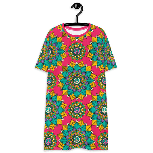 BLOOM WITH PEACE mint pink - T-Shirt Dress - SHALMIAK