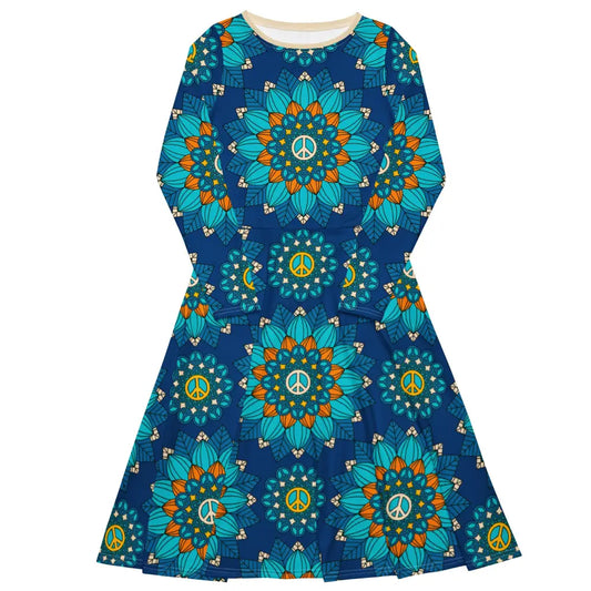 BLOOM WITH PEACE orange blue - Midi dress with long sleeves and handy pockets