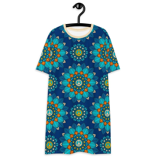 BLOOM WITH PEACE orange blue - T-Shirt Dress - SHALMIAK