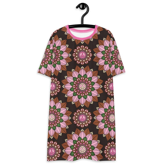 BLOOM WITH PEACE pink brown - T-Shirt Dress - SHALMIAK