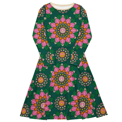 BLOOM WITH PEACE pink green - Midi dress with long sleeves and handy pockets