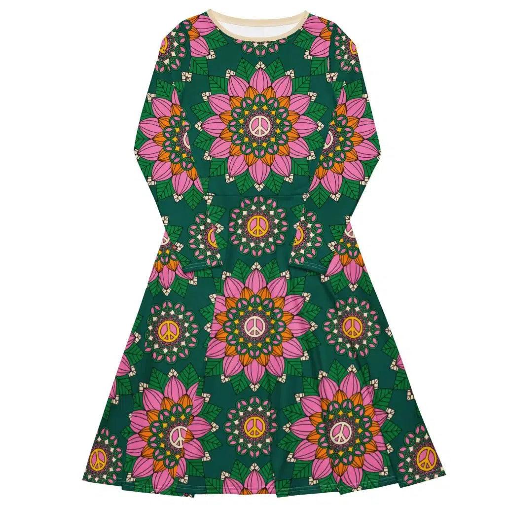 BLOOM WITH PEACE pink green - Midi Dress With Pockets - SHALMIAK