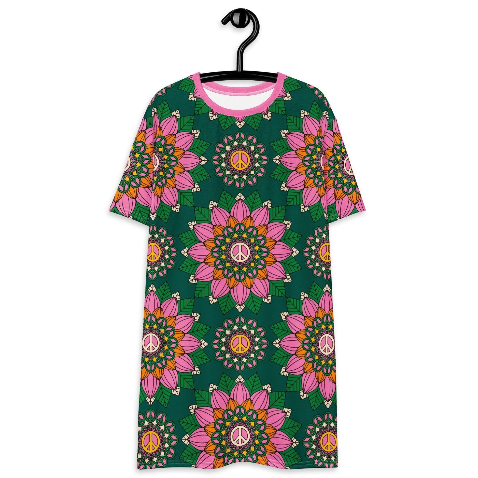 BLOOM WITH PEACE pink green - T-Shirt Dress - SHALMIAK