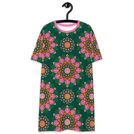 BLOOM WITH PEACE pink green - T-Shirt Dress - SHALMIAK