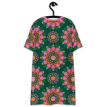 BLOOM WITH PEACE pink green - T-Shirt Dress - SHALMIAK