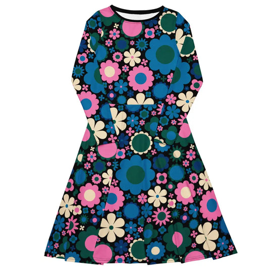 BLOOMPOP blue pink 2 - Midi dress with long sleeves and handy pockets
