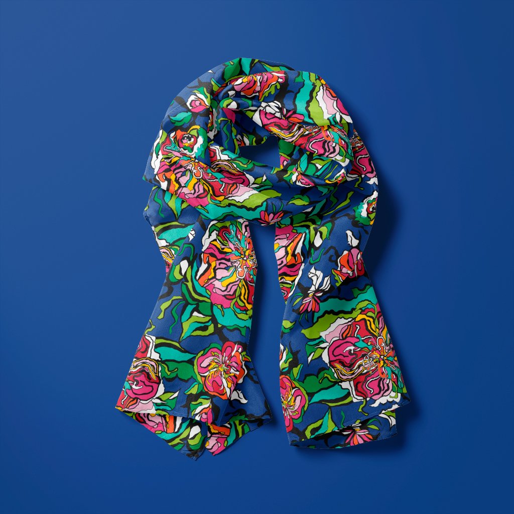 Schal - BLOOM RIOT blau - Freches Blumenmuster