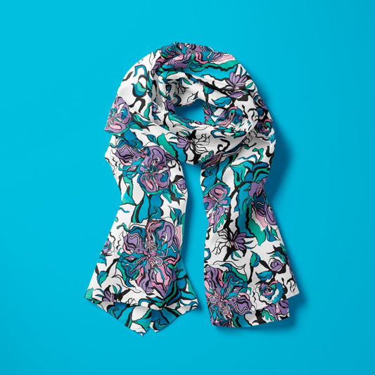 Scarf - BLOOM RIOT blue white - Edgy floral print