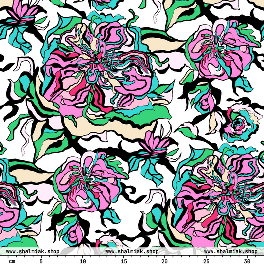 Fabric - BLOOM RIOT pink white - Edgy floral print